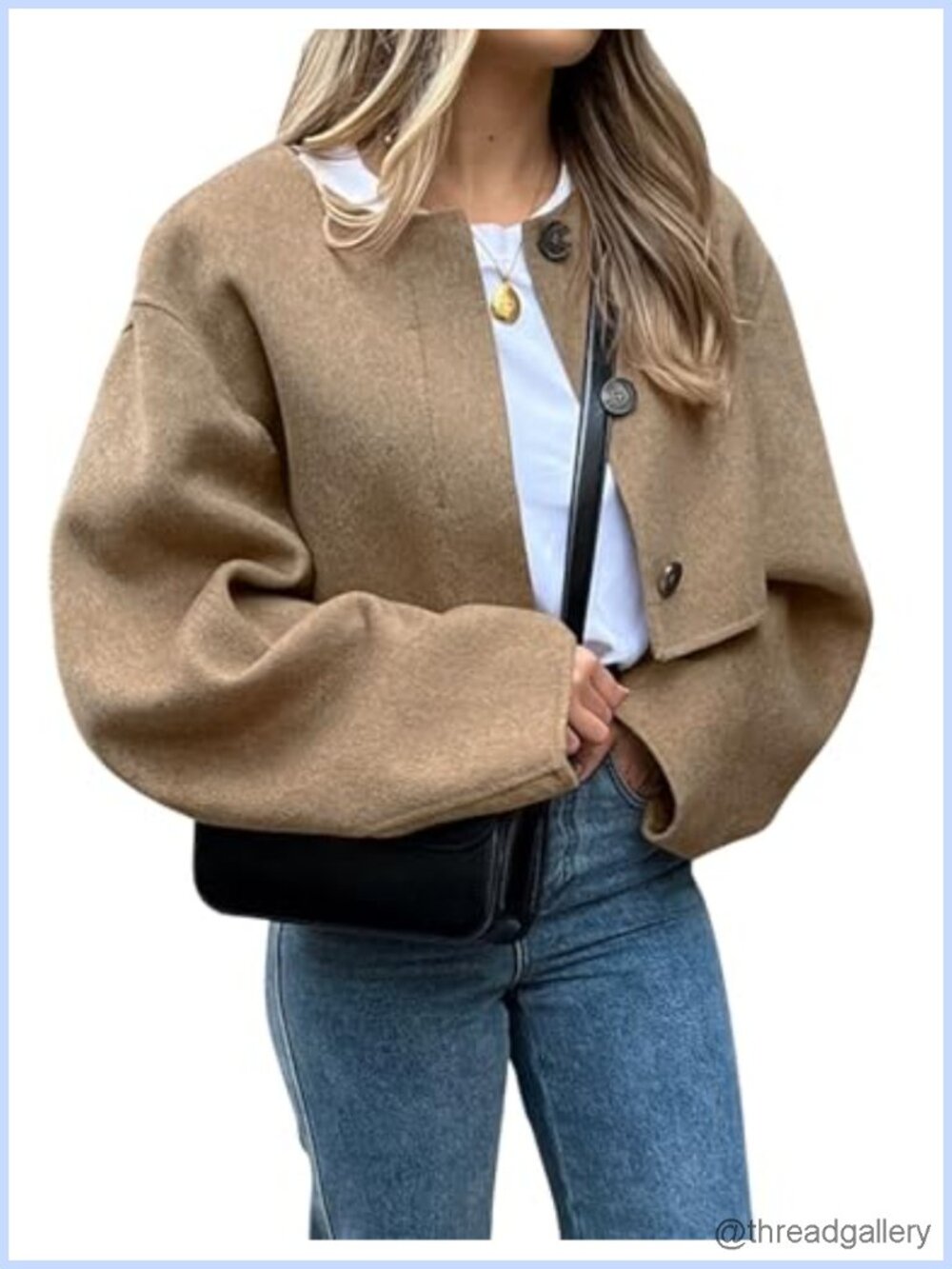 Cropped Wool Blend Pea Coat Button Down Long Sleeve Peacoat